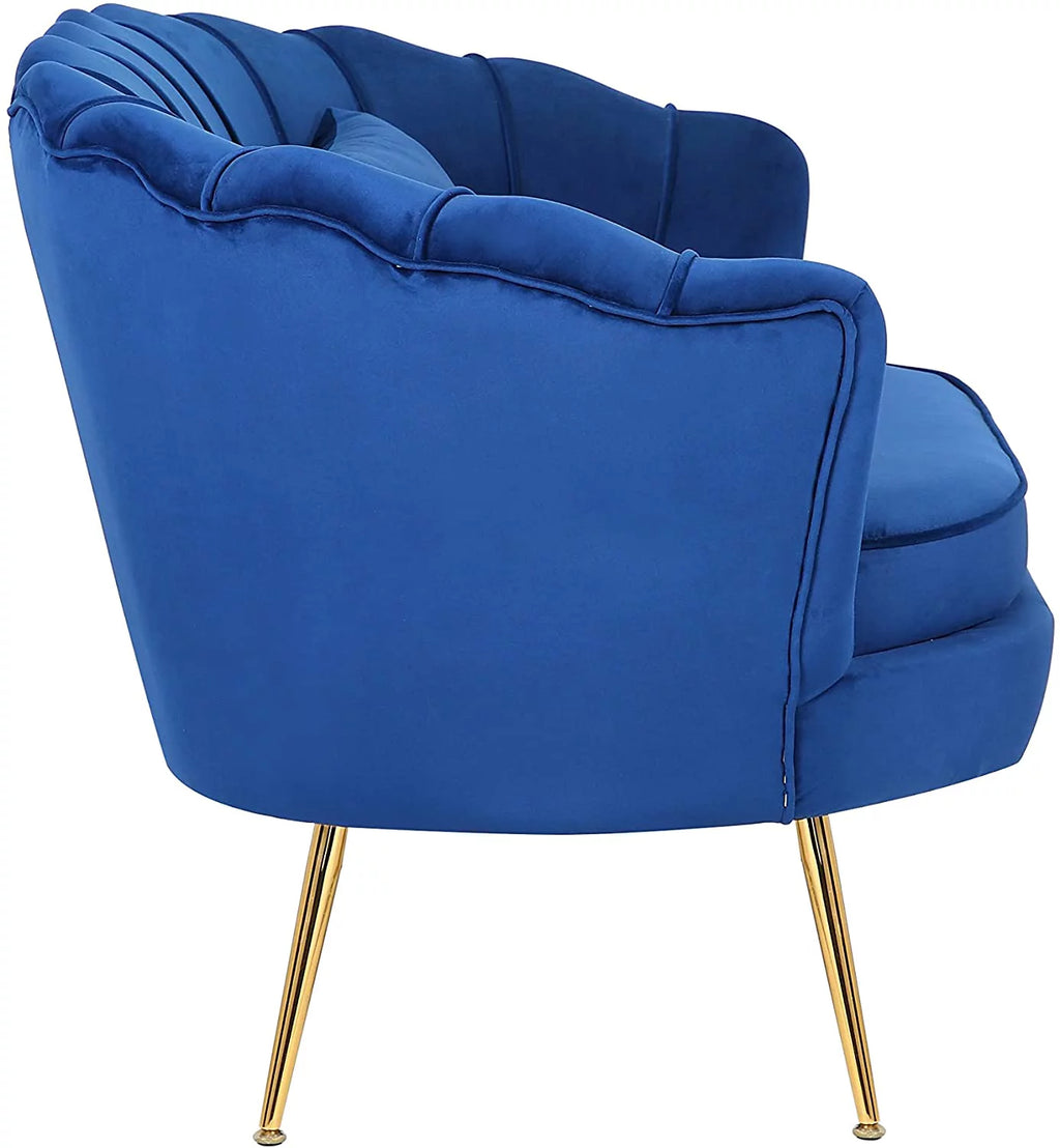 Blue Velvet Channel Tufted Loveseat with Gold Legs R27948