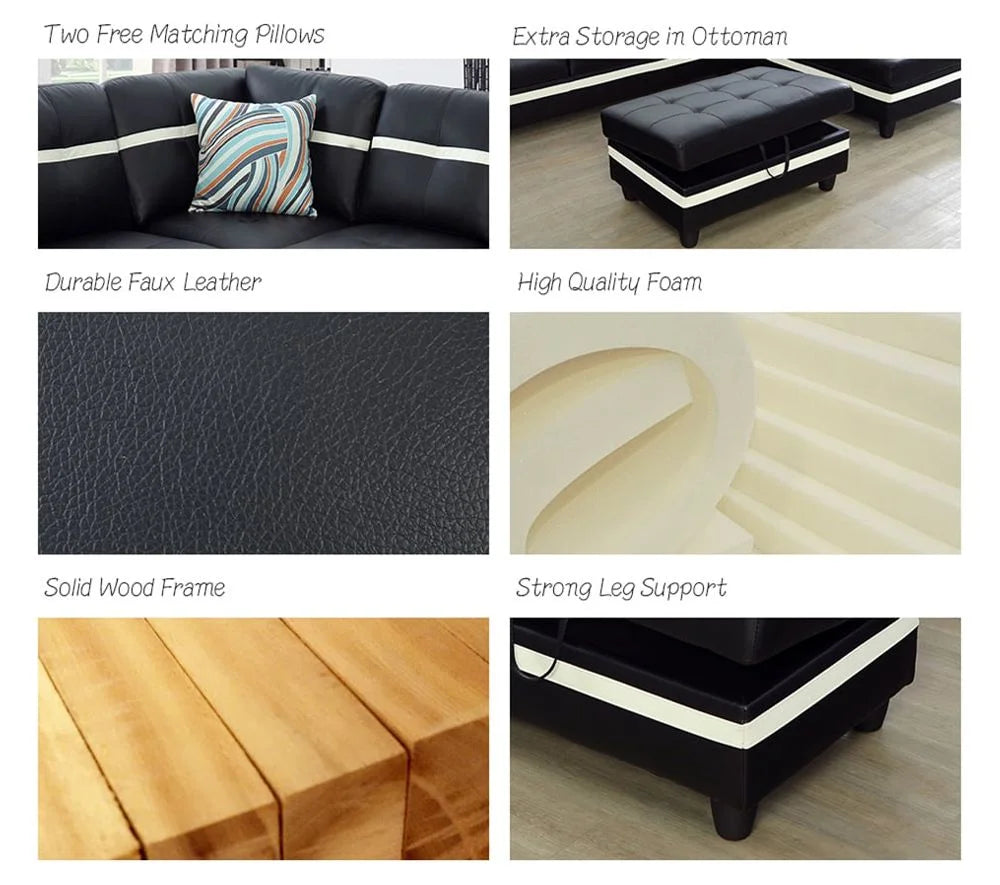 Black & White Faux Leather Sectional with Ottoman Z7447