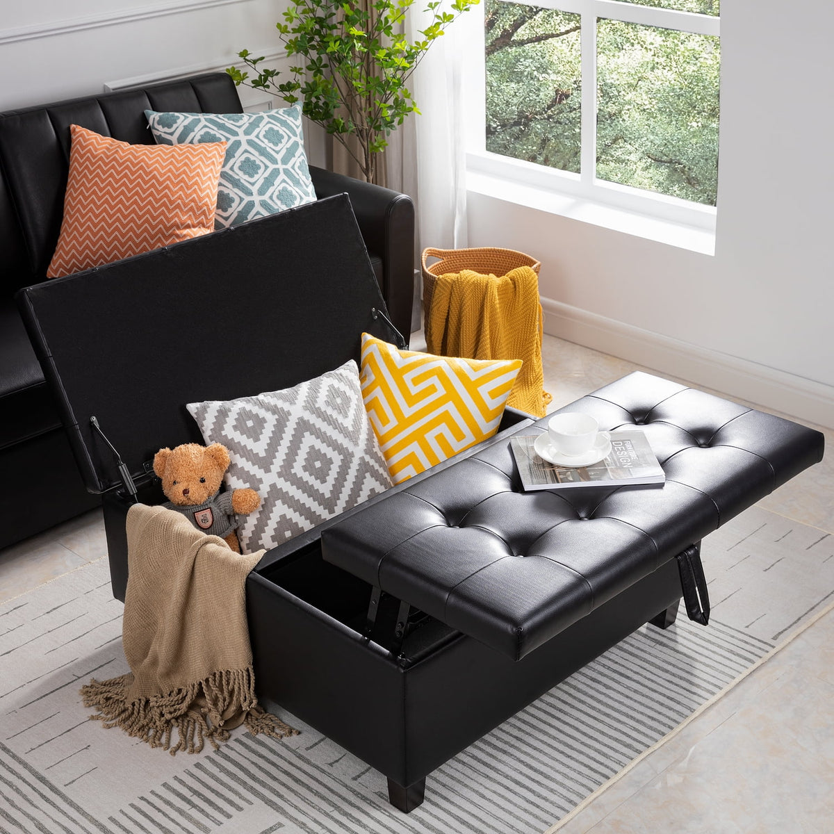 Black Air Leather Tufted Lift-Top Storage Ottoman Bench E20605