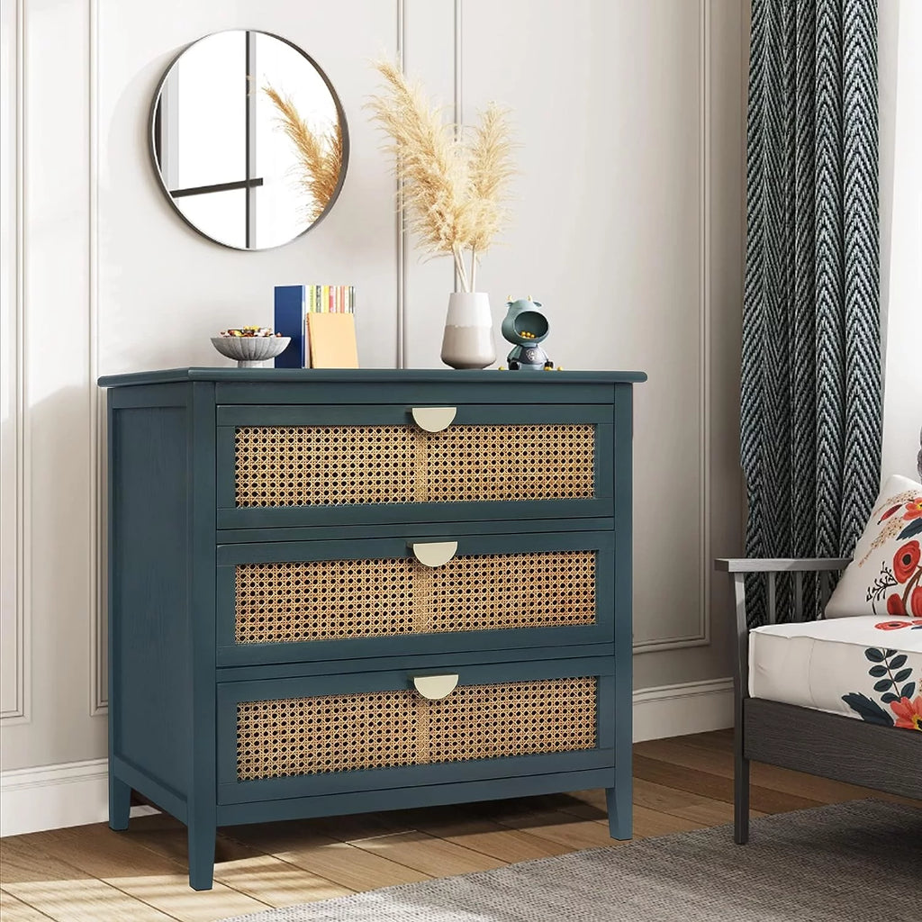 3 Drawer Rattan Dresser with Golden Metal Handles K614