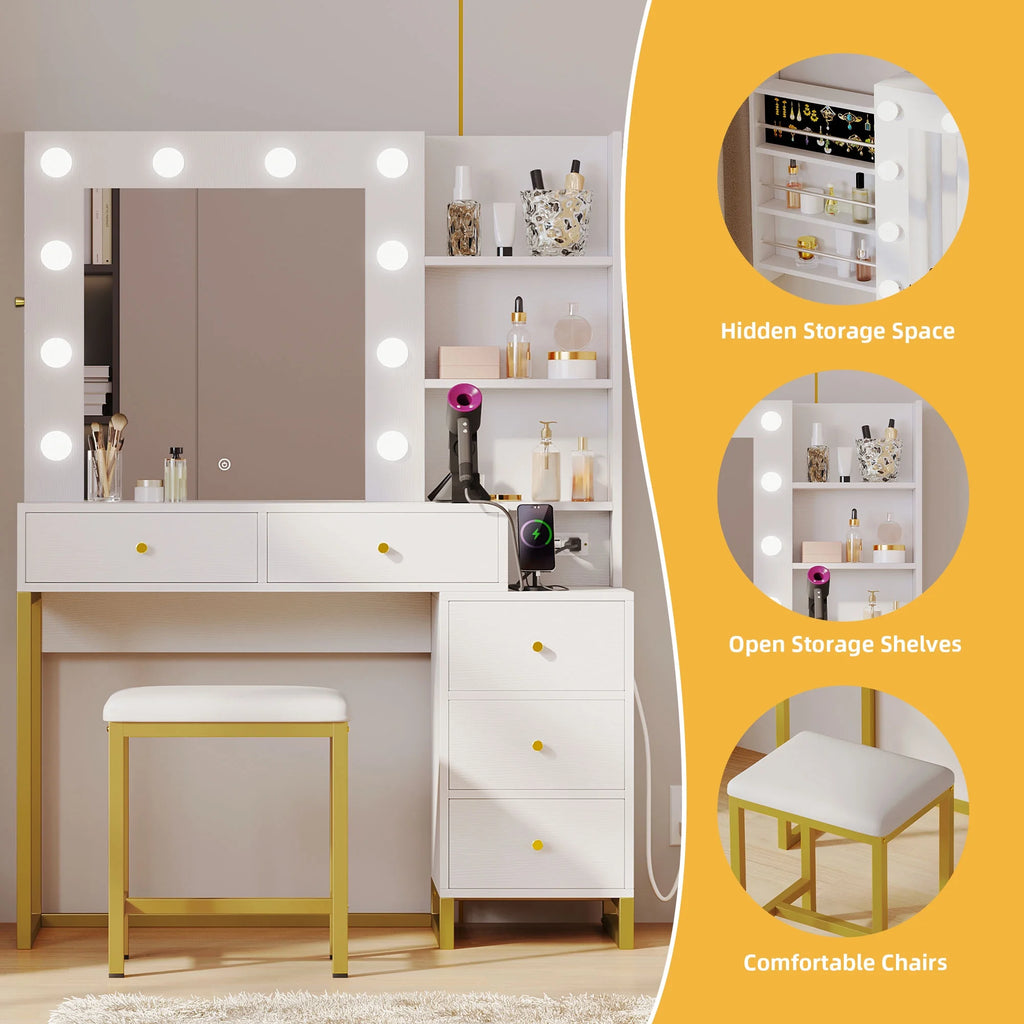 White Vanity Table Set with Lighted Mirror & Stool O47676
