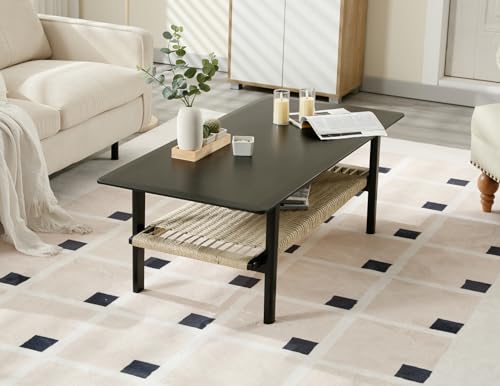 Farmhouse 2-Tier Coffee Table with Rattan Storage Shelf E637946