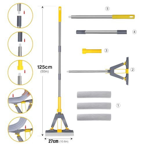 Self-Squeeze Sponge Mop with Stainless Steel Handle and 3 PVA Refills O444