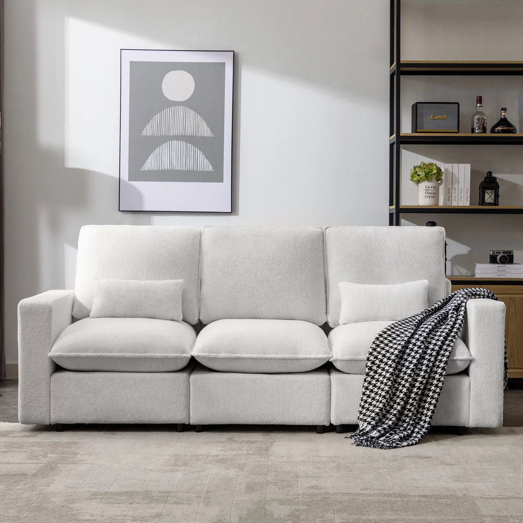 3 Seater White Teddy Fabric Sofa with Pillows A68304