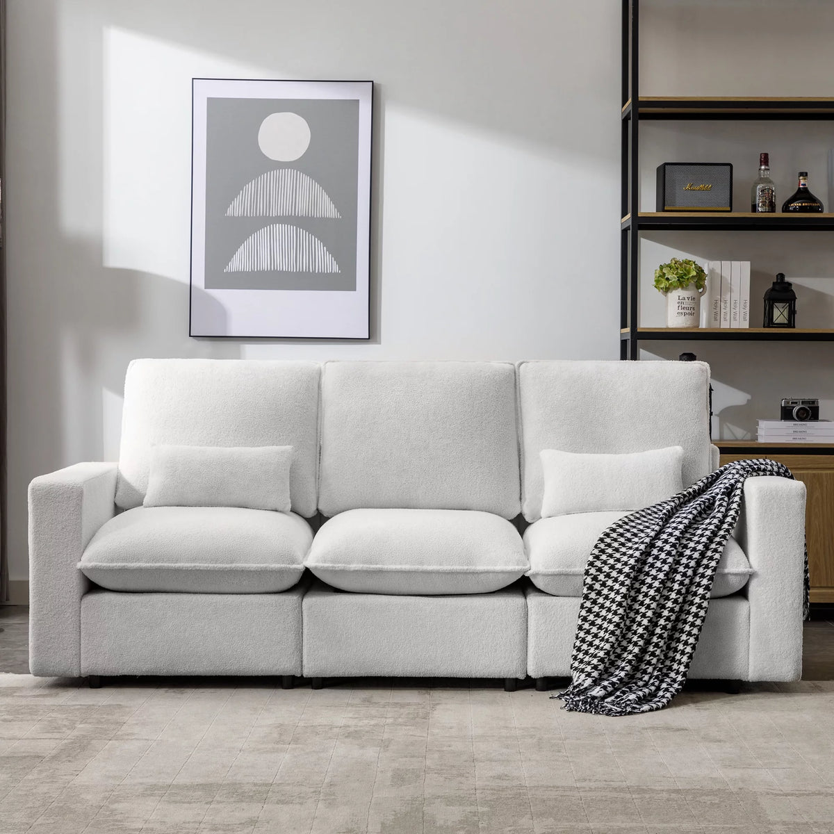 3 Seater White Teddy Fabric Sofa with Pillows A68304