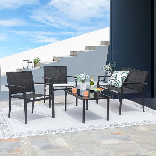 4 Pieces Patio Furniture Set Textilene Fabric with Glass Coffee Table Black J973416