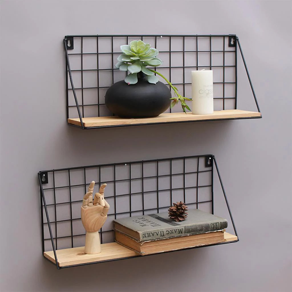 Rectangle Wall Shelf Unit, Wooden and Black Metal Floating Shelves C1090