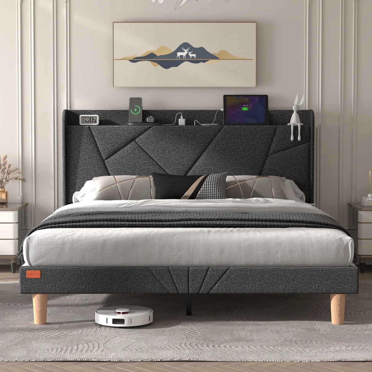 Queen Upholstered Platform Bed Frame with Wingback Storage Headboard D621