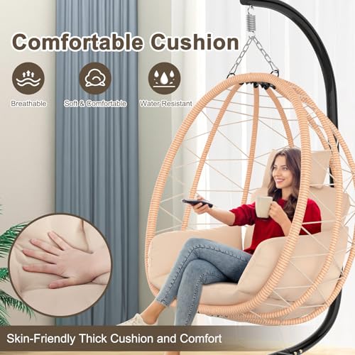 Hanging Egg Chair with Stand, UV Resistant Cushion & Pillow, 370lbs Capacity, Beige C7907