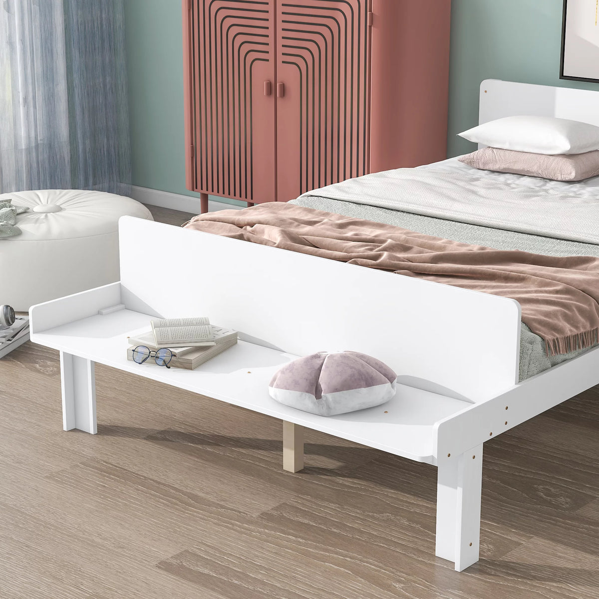 White Wood Platform Bed Frame with Headboard and Footboard Bench X15239