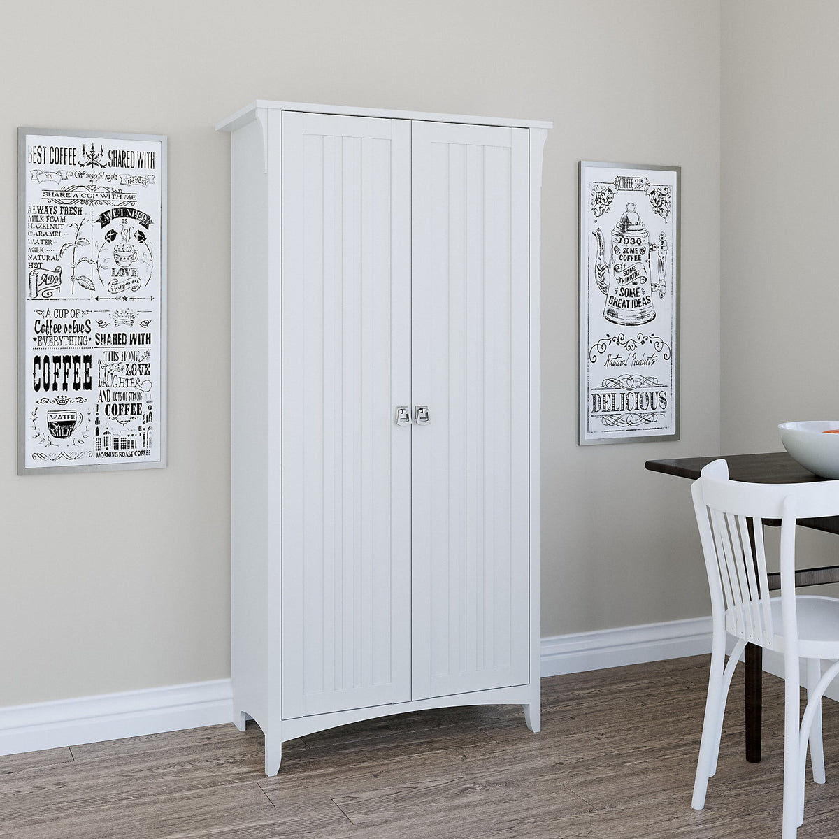 White Engineered Wood Kitchen Pantry Cabinet with Doors J19783
