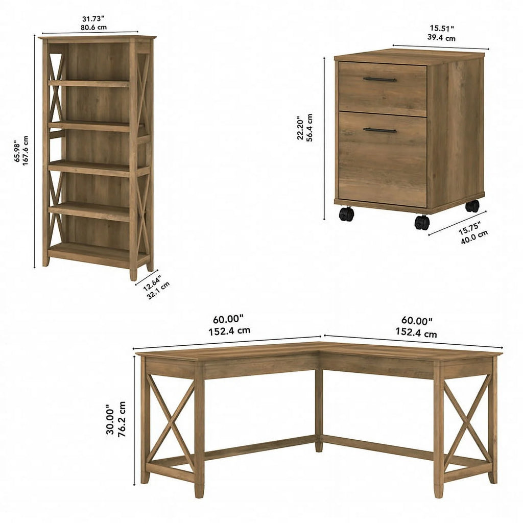 Reclaimed Pine Engineered Wood L Desk with Drawers and Bookcase H41465