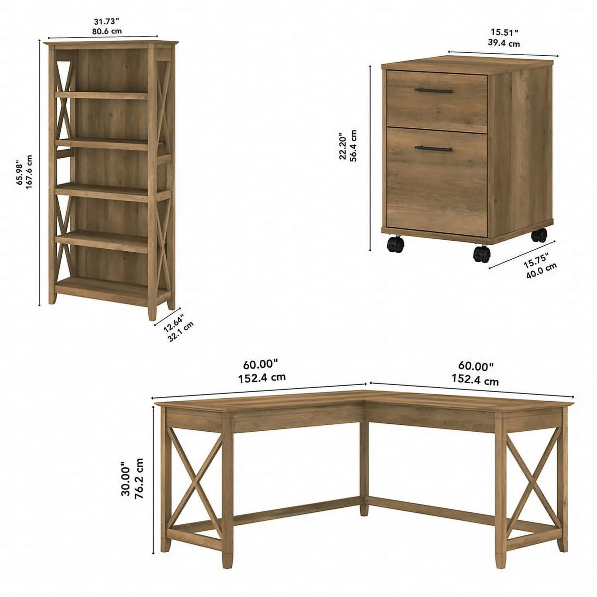 Reclaimed Pine Engineered Wood L Desk with Drawers and Bookcase H41465