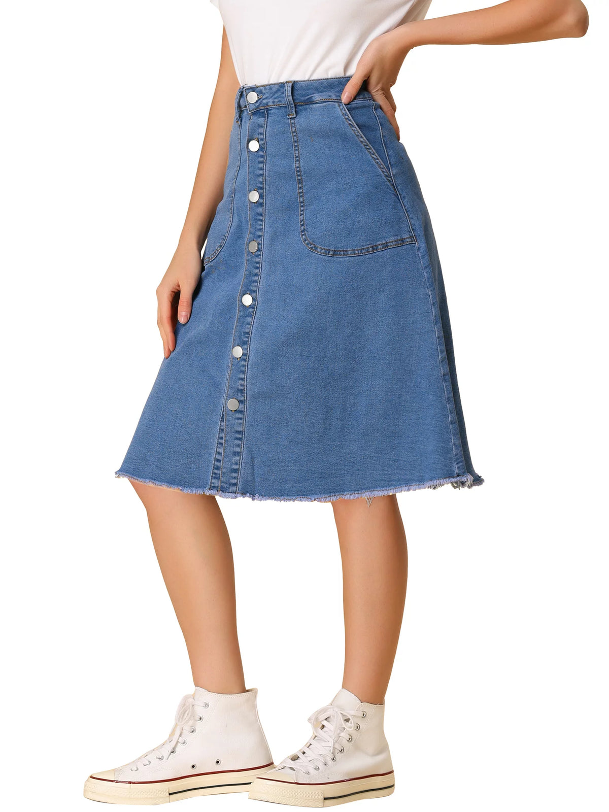 Denim Raw Hem Button Down A-Line Midi Skirt U7002