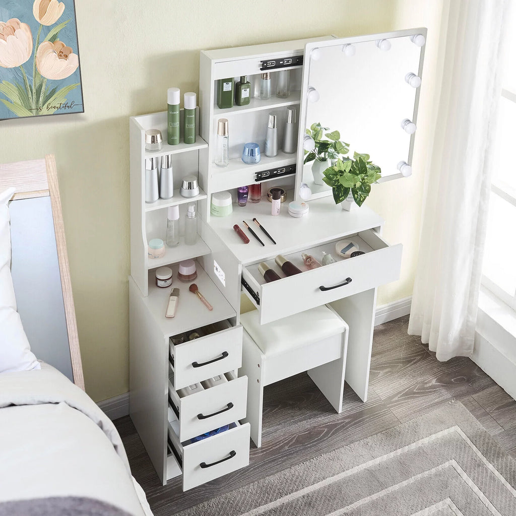 4 Drawer Makeup Vanity Desk with Stool Mirror and Light L39330