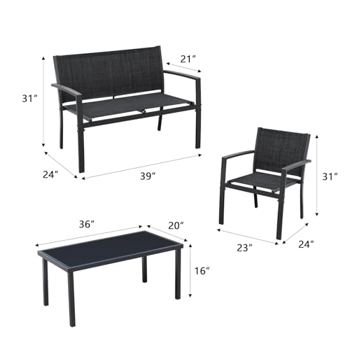 4 Pieces Patio Furniture Set Textilene Fabric with Glass Coffee Table Black J973416