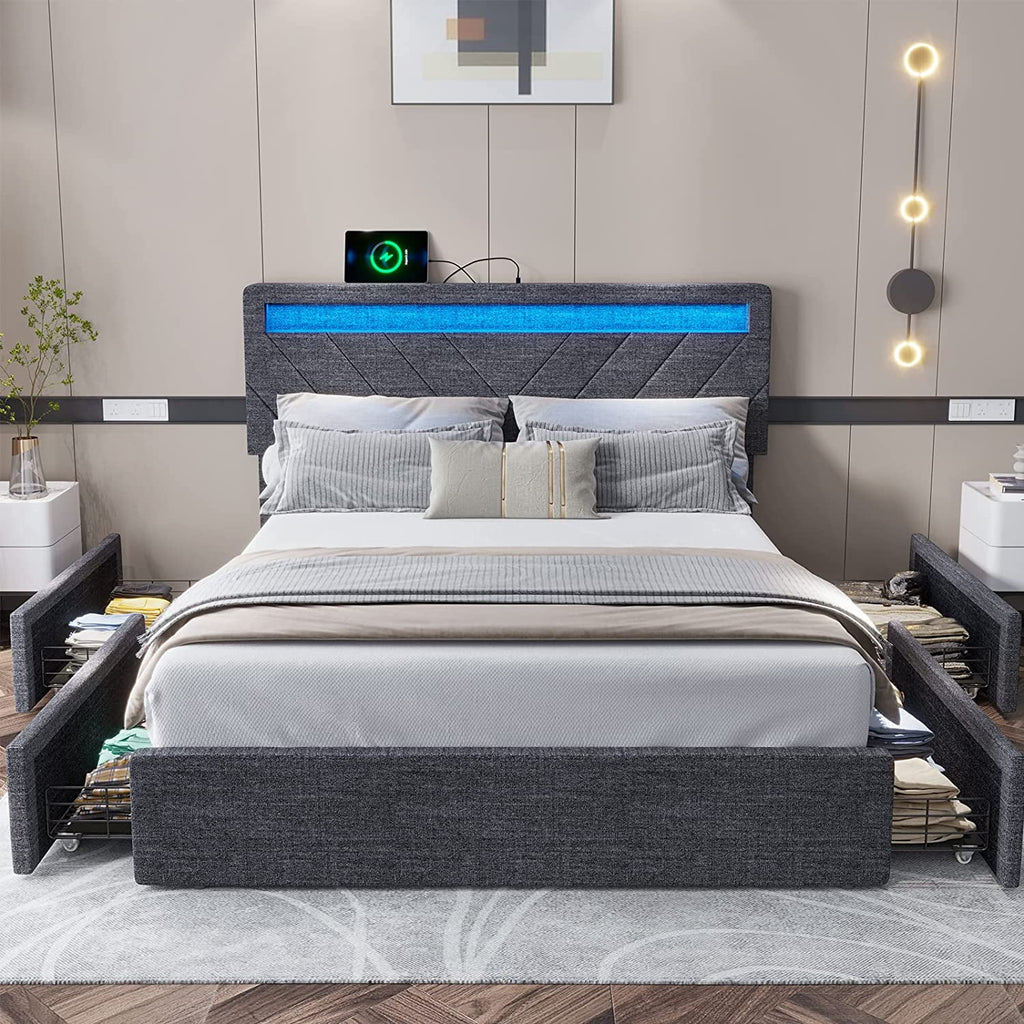 Queen Upholstered Platform Bed Frame with 4 Storage Drawers and LED Headboard X642
