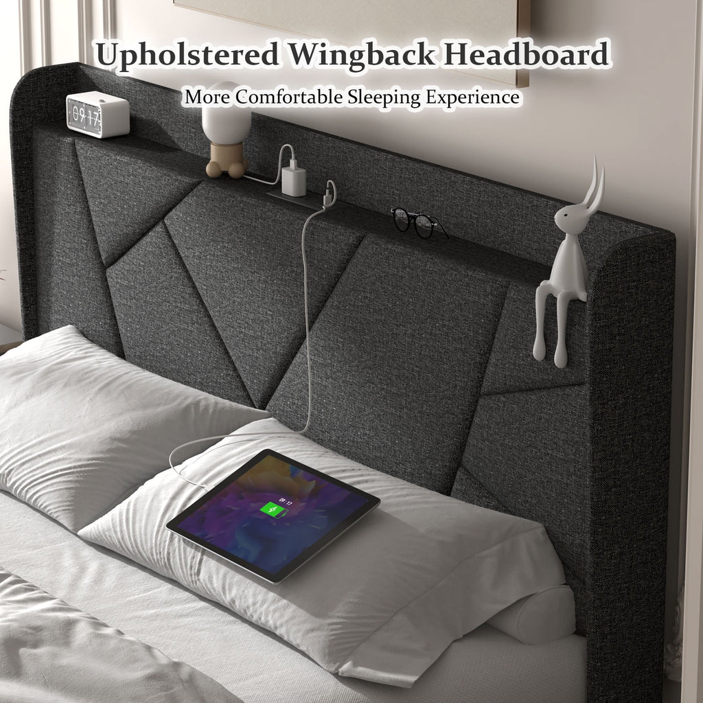 Queen Upholstered Platform Bed Frame with Wingback Storage Headboard D621