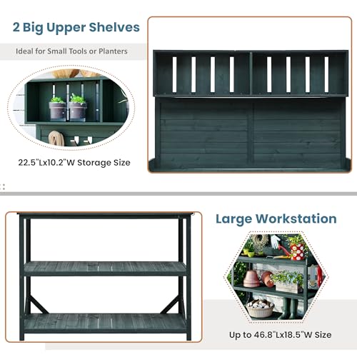 Green Wooden Potting Bench Table with Storage Shelves H14465