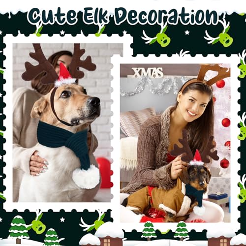 2 Set Pet Christmas Costumes Dog Knitted Scarf Reindeer Antlers Headband O888
