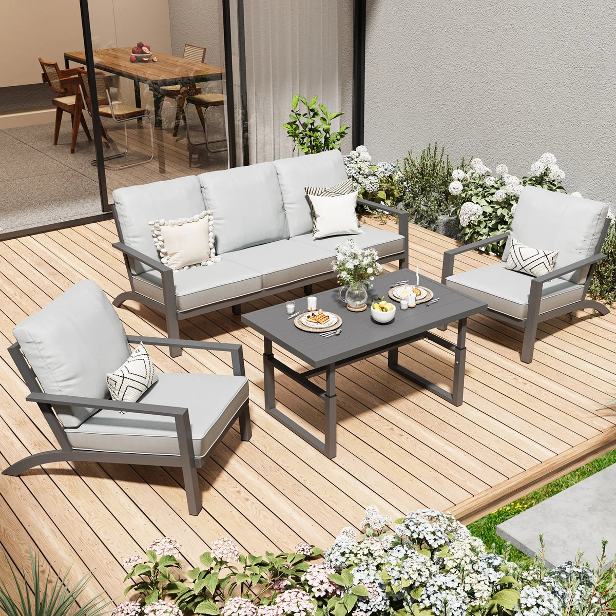 Aluminum Patio Furniture Set with Grey Cushions J14564