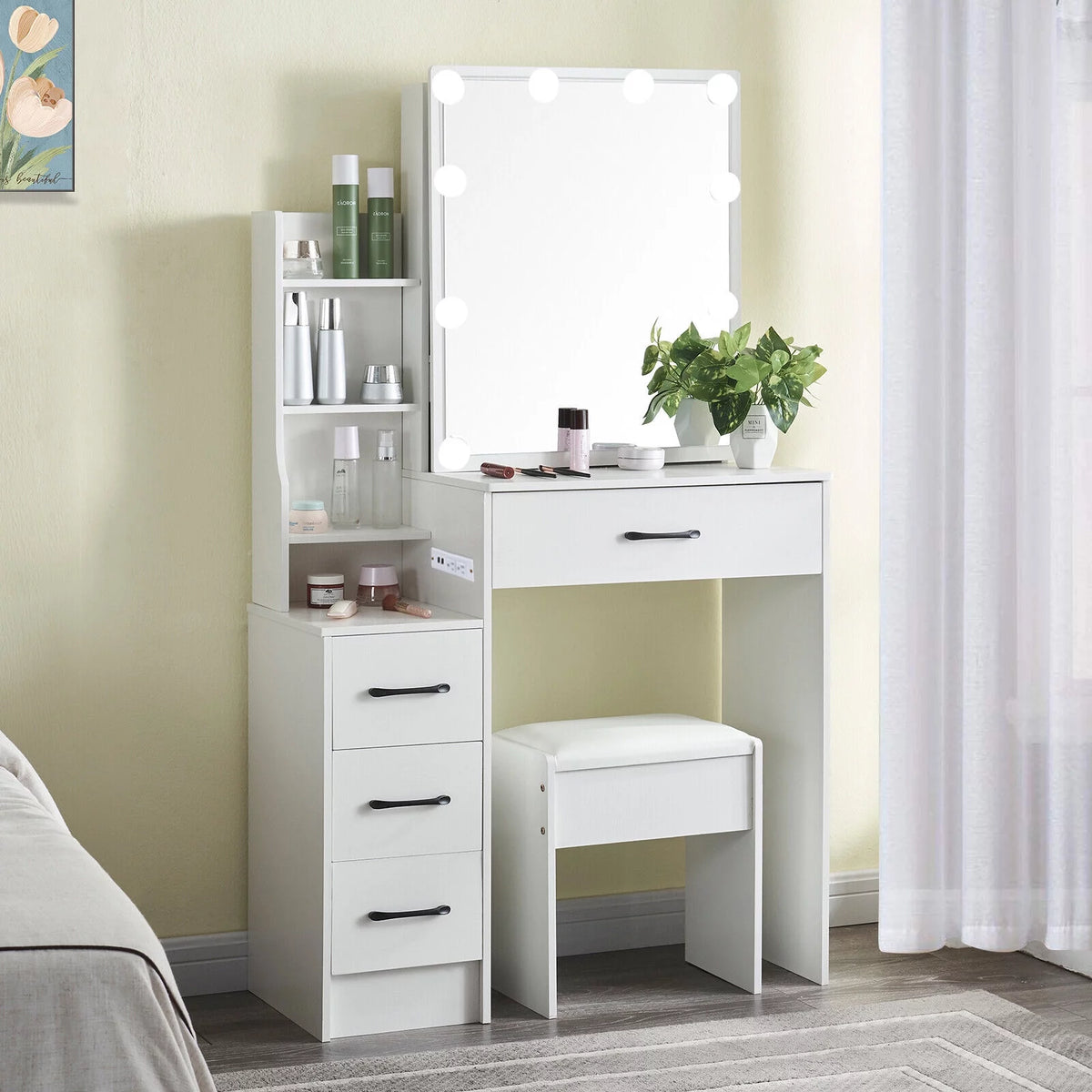 4 Drawer Makeup Vanity Desk with Stool Mirror and Light L39330