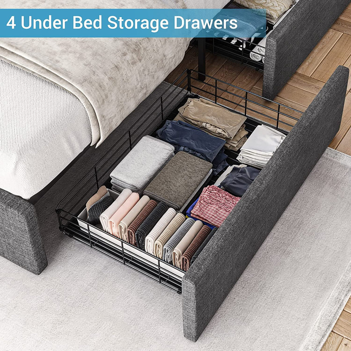 Queen Upholstered Platform Bed Frame with 4 Storage Drawers and LED Headboard X642