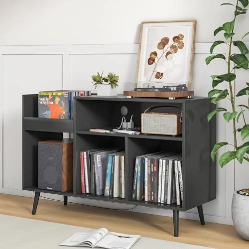 Mid-Century Record Player Stand with Vinyl Record Cabinet U279