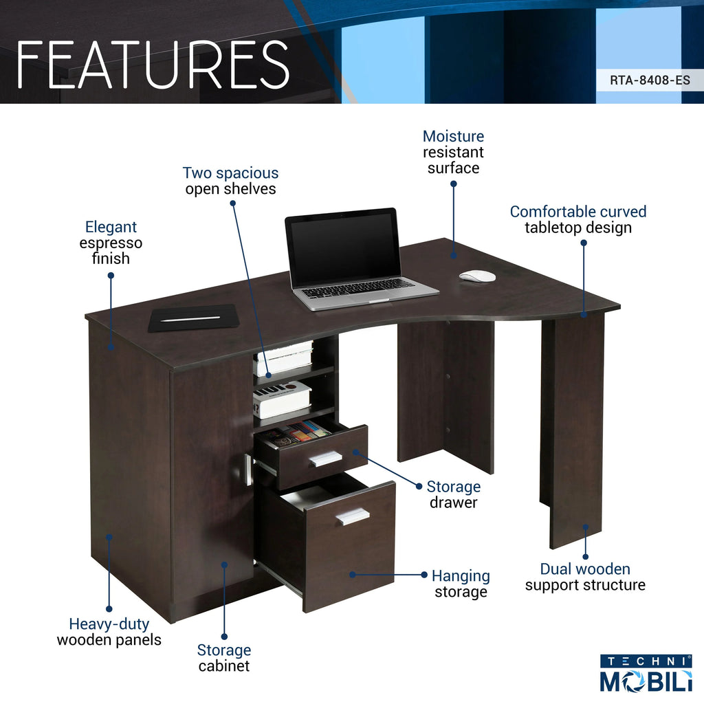 Classic Office Desk with Storage, Espresso E278473