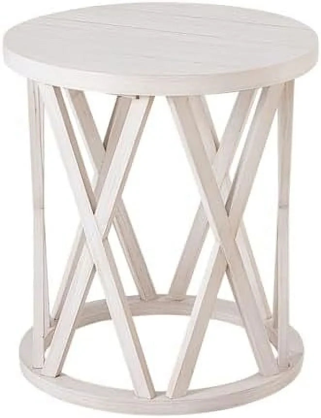 Antique White Round Wood End Table C7391