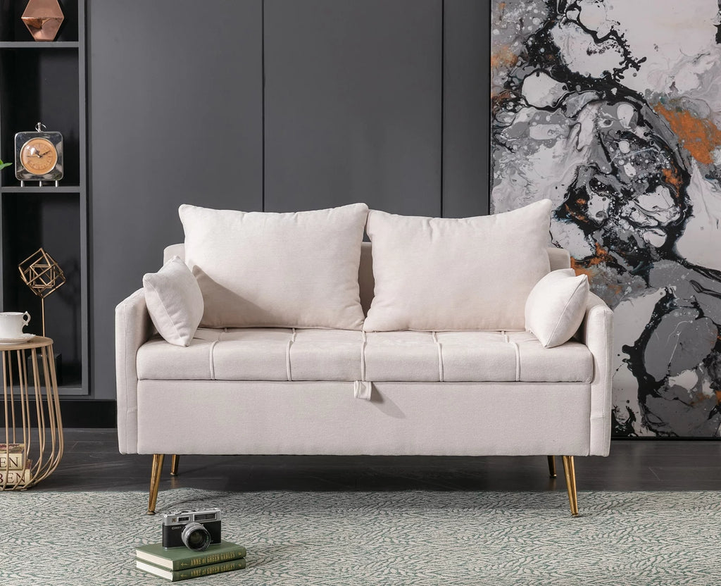 Cream Chenille 2 Seat Loveseat Sofa with Storage and Pillows L573