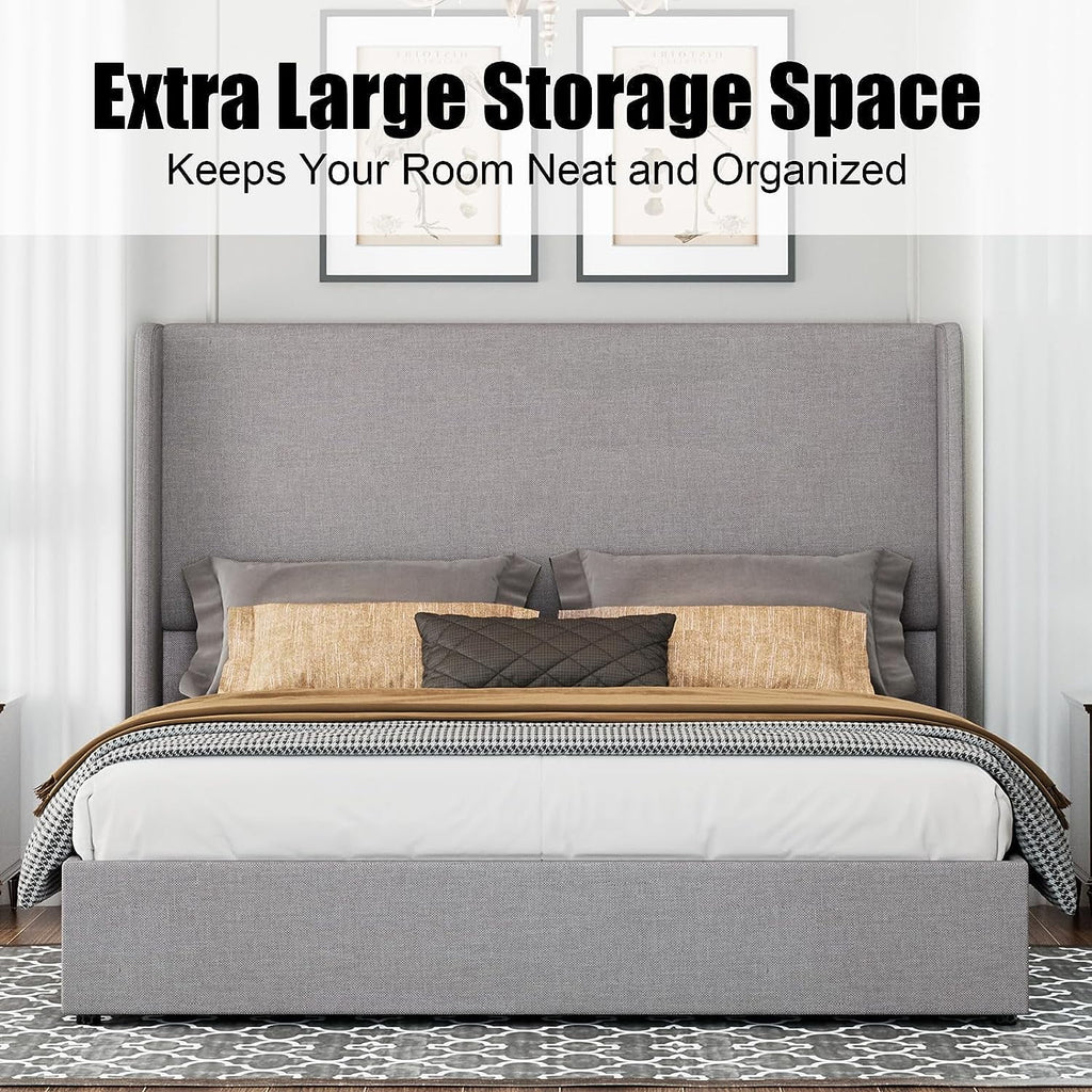 King Size Light Gray Linen Upholstered Platform Bed Frame K2632