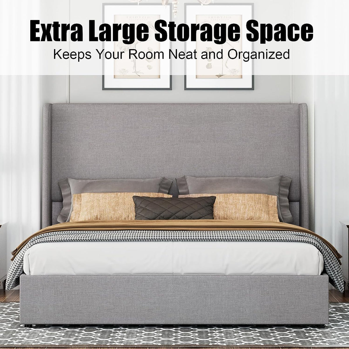 King Size Light Gray Linen Upholstered Platform Bed Frame K2632