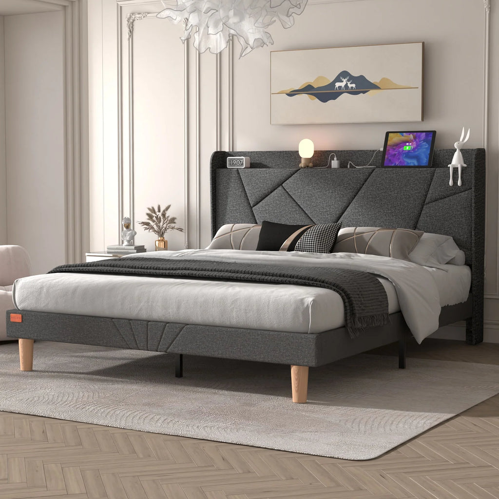 Queen Upholstered Platform Bed Frame with Wingback Storage Headboard D621