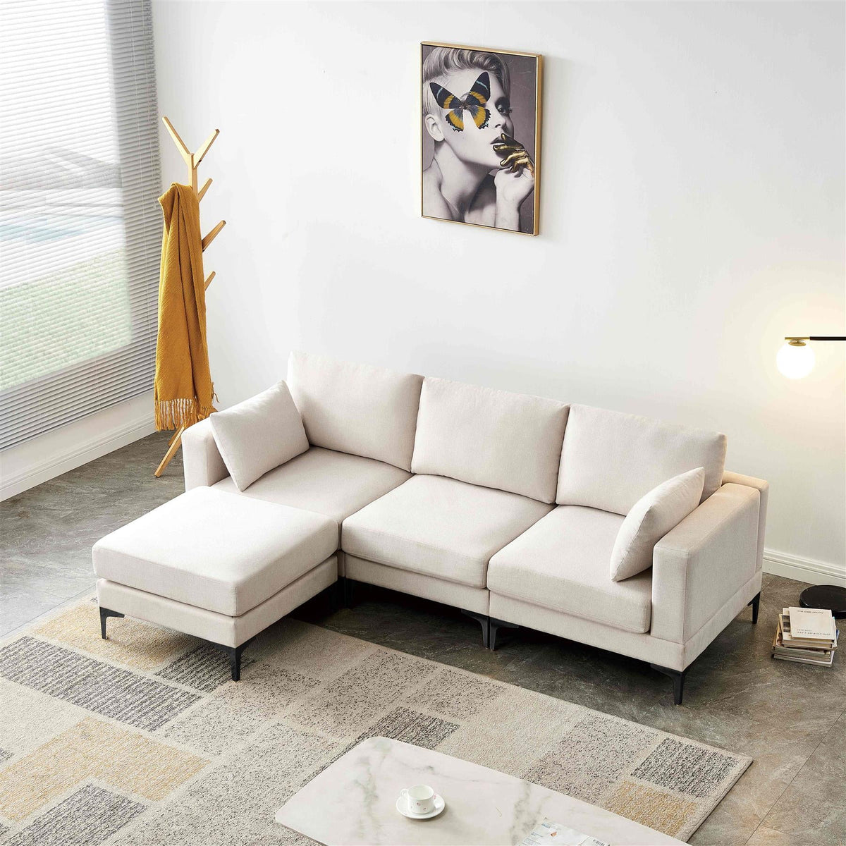 Beige 3 Seater Fabric Sectional Sofa with Ottoman I786