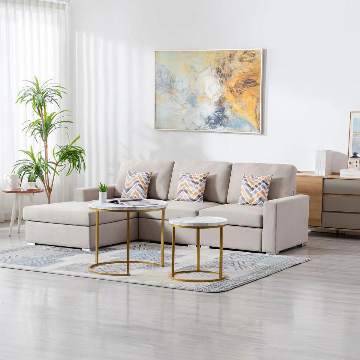 Beige Fabric Reversible Sectional Sofa Chaise N115