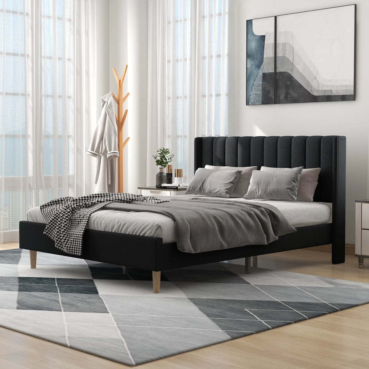 Queen Size Upholstered Platform Bed Frame Y4207