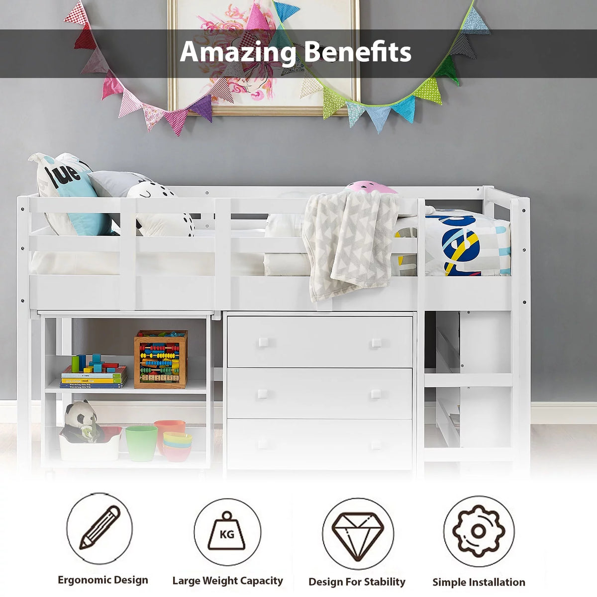 White Twin Size Low Loft Bed with Desk and Storage M91966