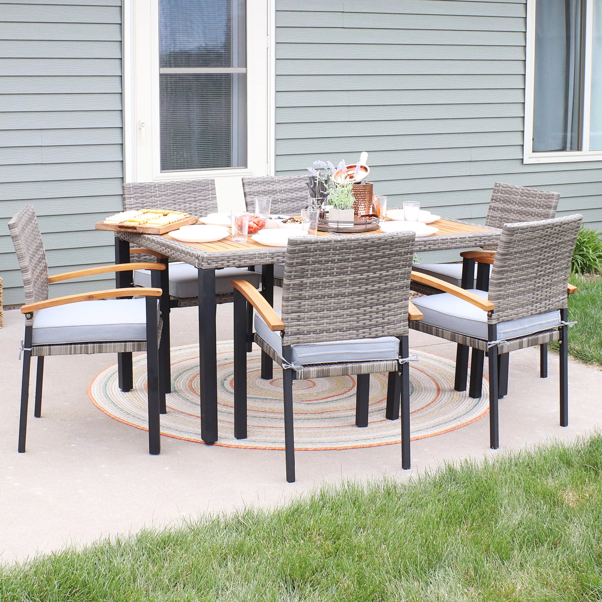 Rattan and Acacia Wood 7pc Patio Dining Furniture Set with Seat Cushions H957