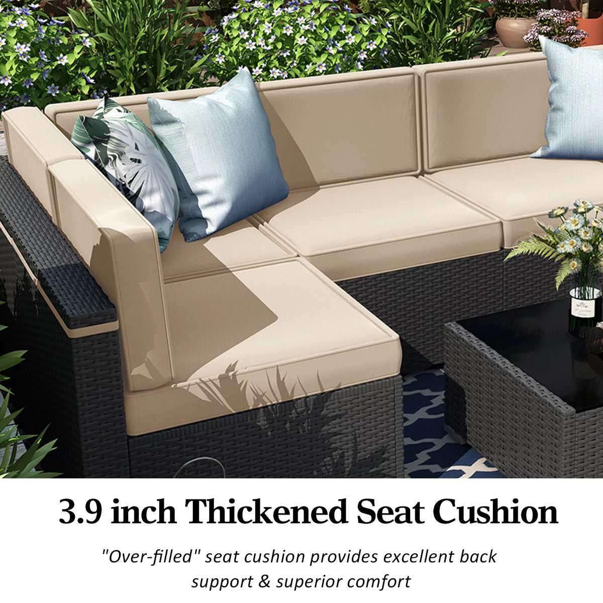 7 Piece Wicker Patio Furniture Set with Cushion and Glass Table E46599