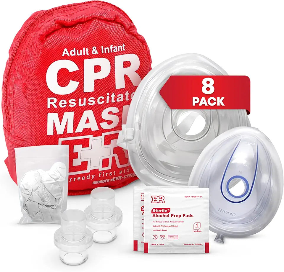 CPR Mask Combo Kit 8-Pack with Valves Gloves and Alcohol Prep Pads E41470