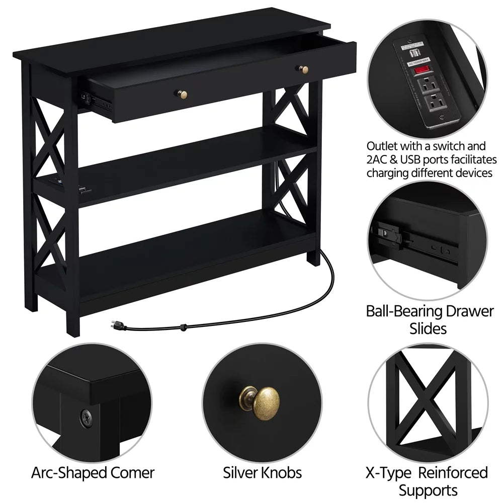 Black Wooden Console Table with Power Outlet & Drawer H42907