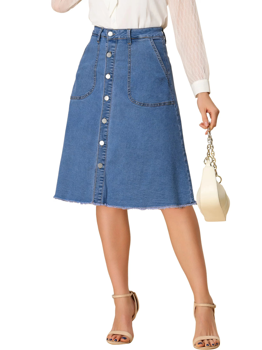 Denim Raw Hem Button Down A-Line Midi Skirt U7002