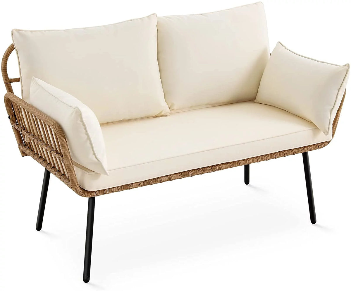 Wicker Loveseat Sofa with Beige Cushions B1358