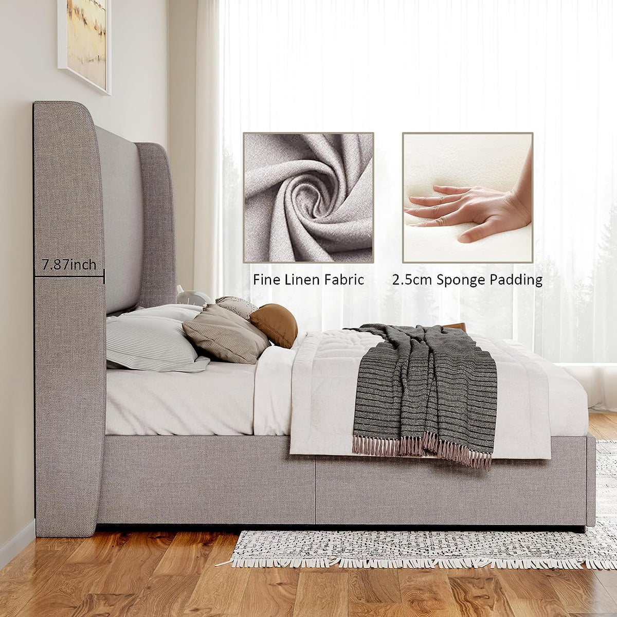 King Size Light Gray Linen Upholstered Platform Bed Frame K2632