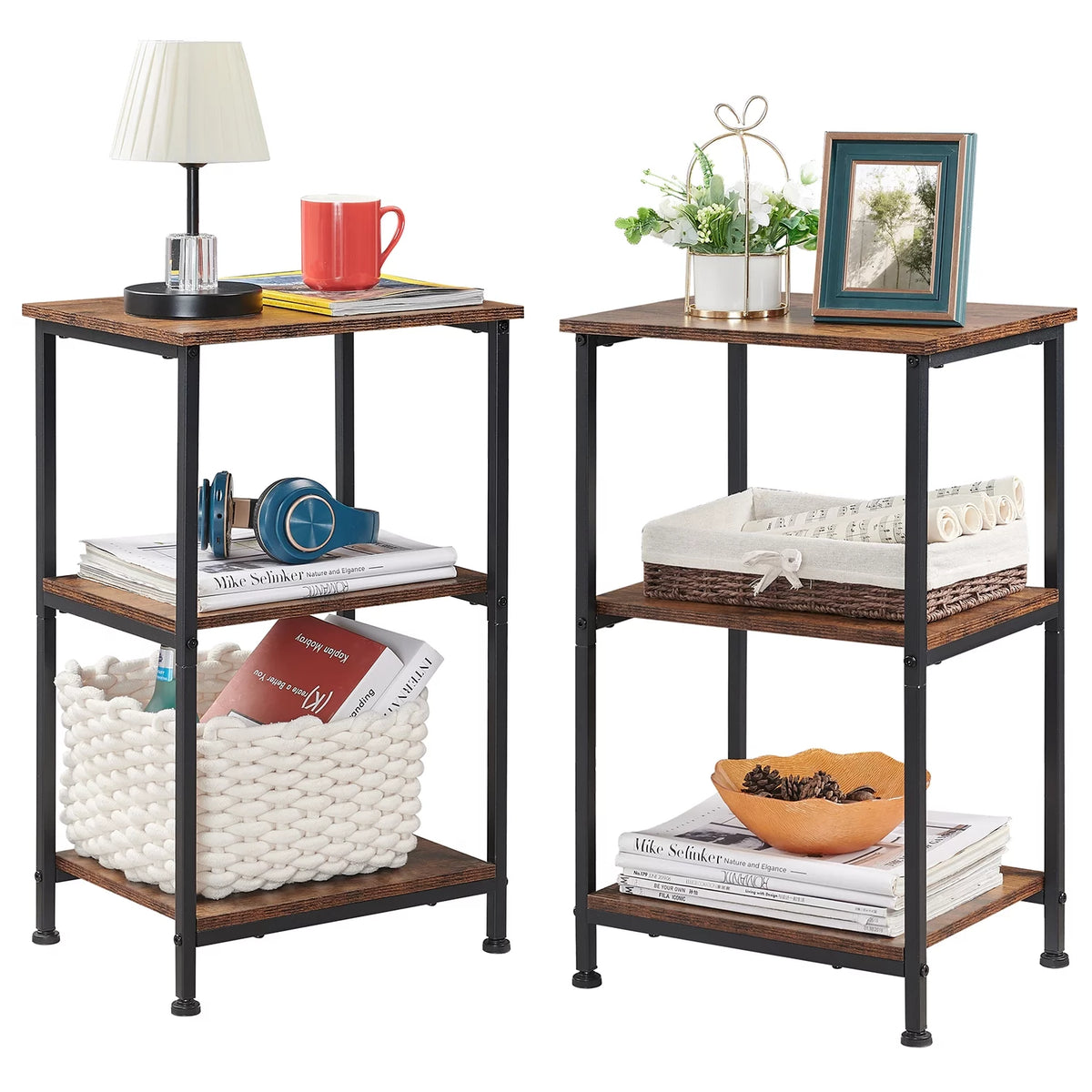 Small Side Table Set of 2, 3-Tier End Table Nightstand with Storage Shelf Y86454