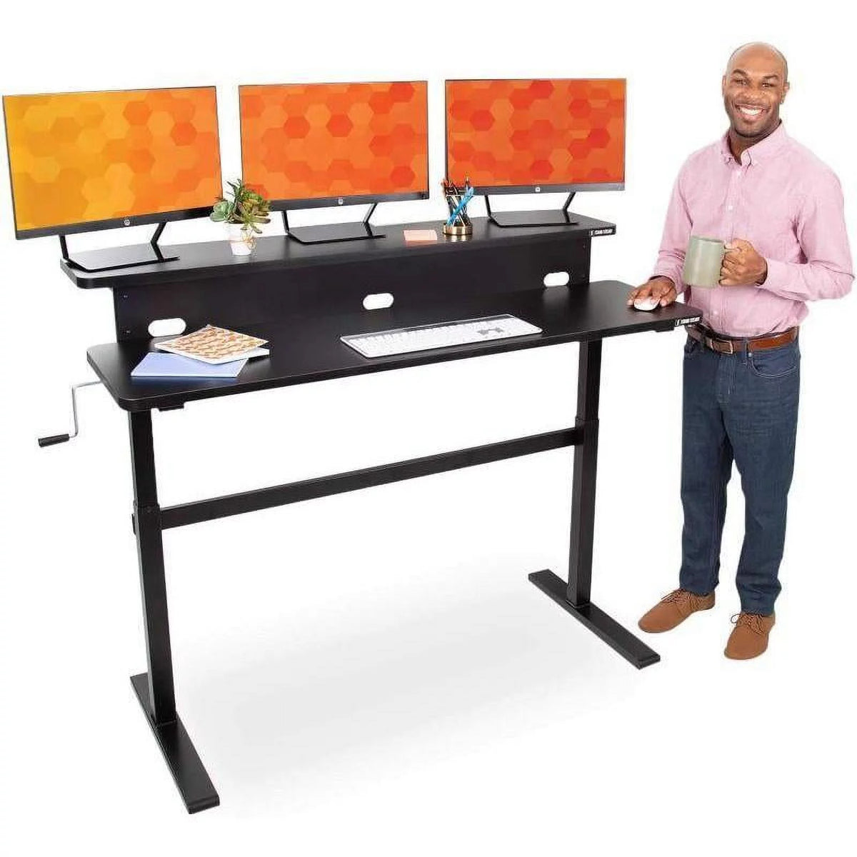 55 Inch Black Crank Adjustable Standing Desk with Shelf V32047