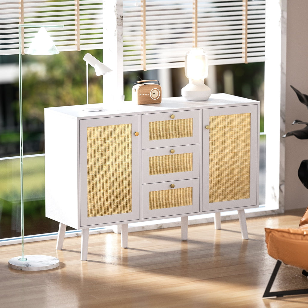 White Rattan Storage Cabinet with 2 Doors 3 Drawers F1500