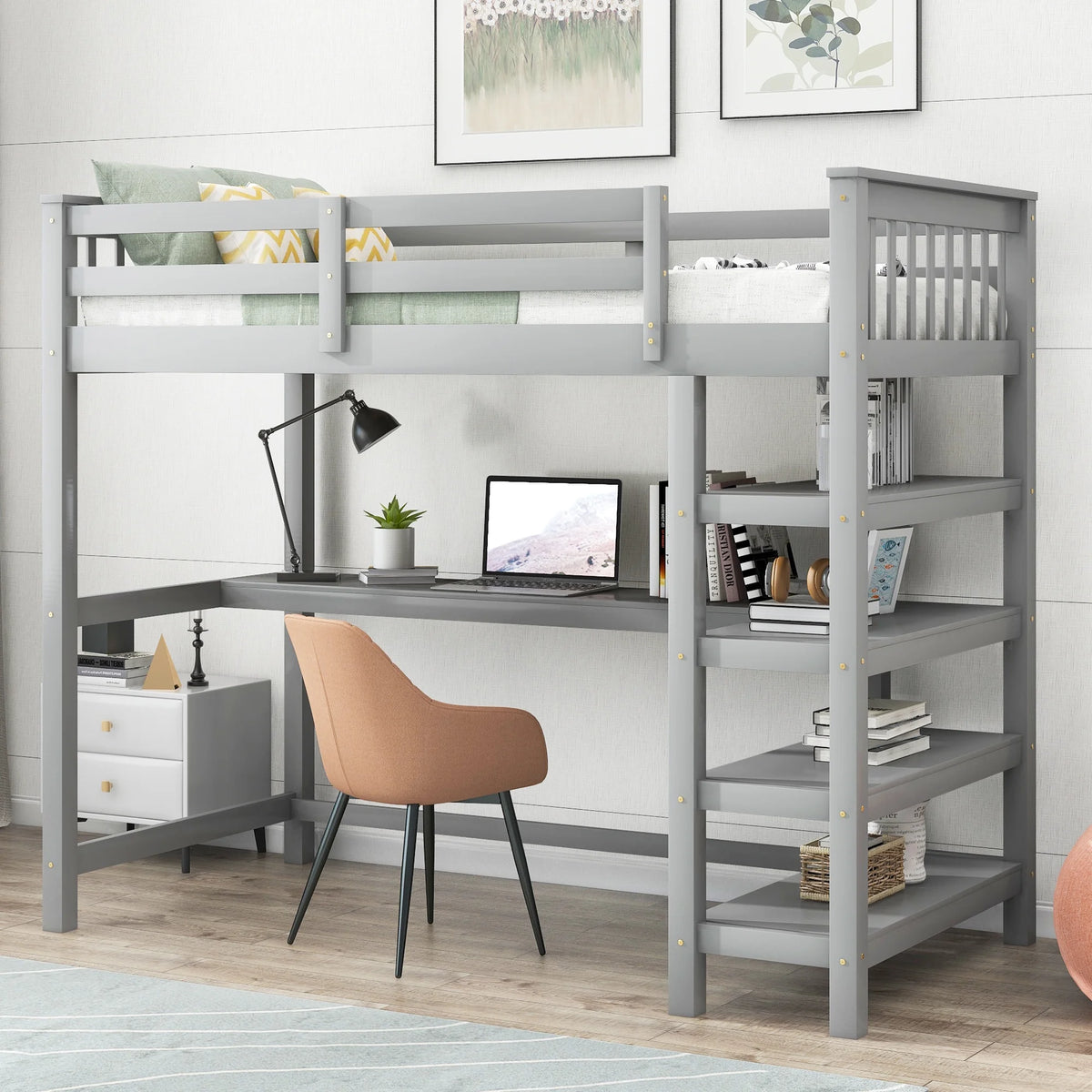 Twin Size Loft Bed with Built-in Desk and Shelves A44105