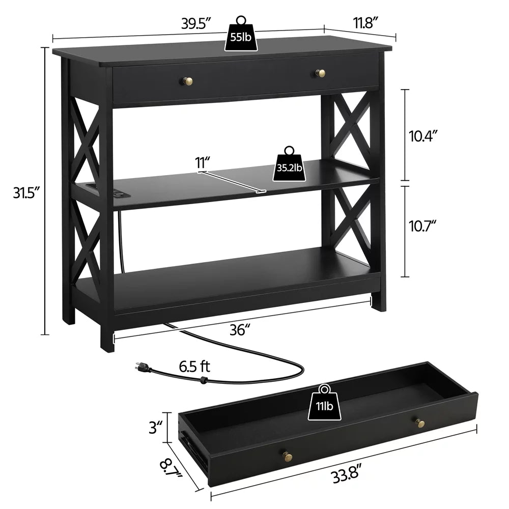 Black Wooden Console Table with Power Outlet & Drawer H42907